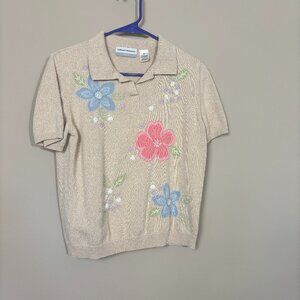 Alfred Dunner Beige Floral Knit Polo - Petite Medium
